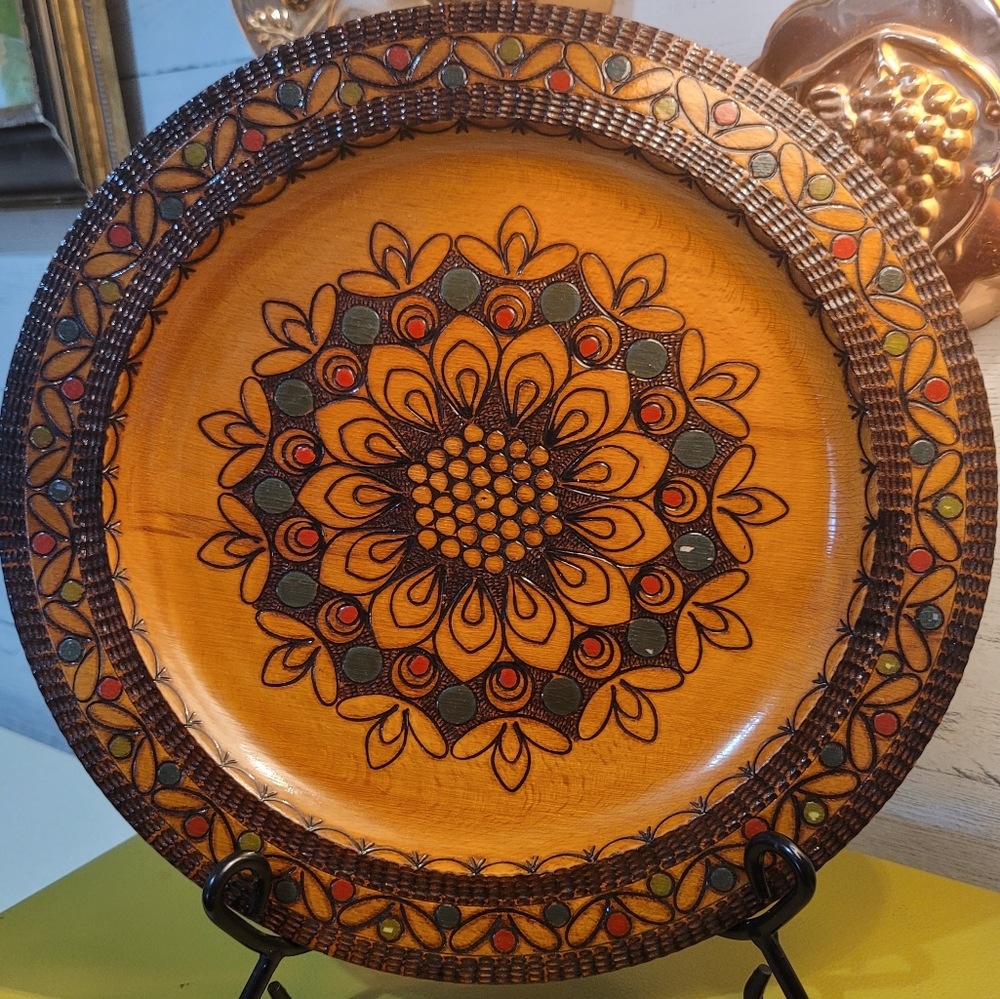 Wood Carved Painted Gold Plate 12 Inches Wide